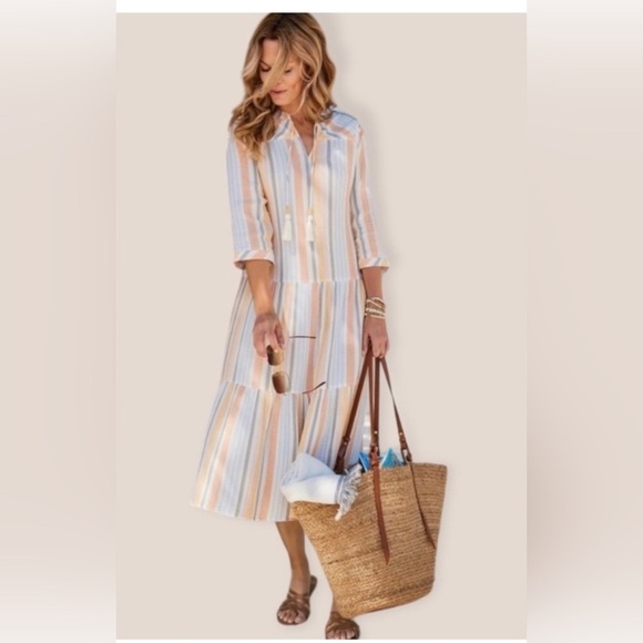 NWT Soft Surroundings Laguna Gauze Dress Peach Stripe Boho Lagenlook Beachy,SP - Picture 8 of 15